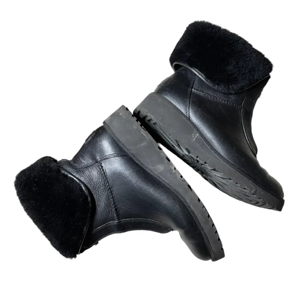 UGG Leather Shearling Boots 4 Foldover F20016E Black 10124 Winter Ankle Bootie